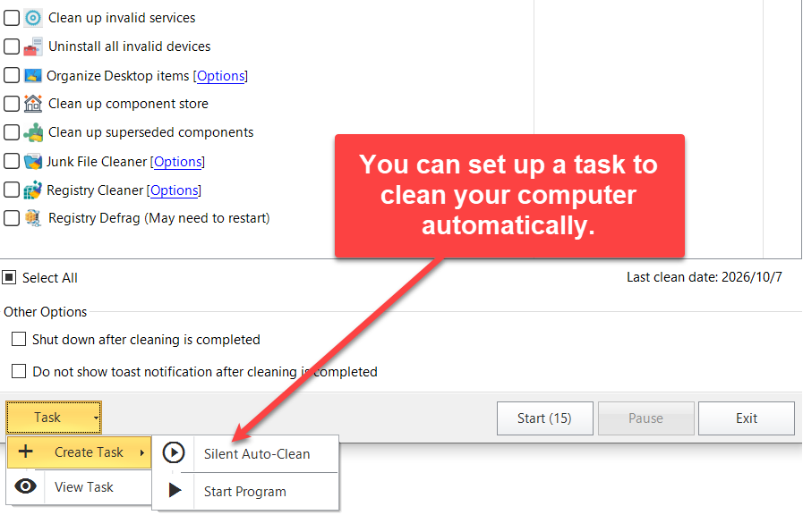 Task-menu van 1-Click Cleaner: Silent Auto-Clean onder Create Task stelt automatisch opschonen in