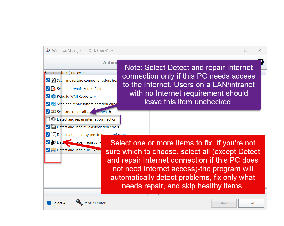 1-Click Fixer Hauptfenster: Aufgaben auswählen, Internet-Verbindung auf LAN-PCs deaktiviert lassen