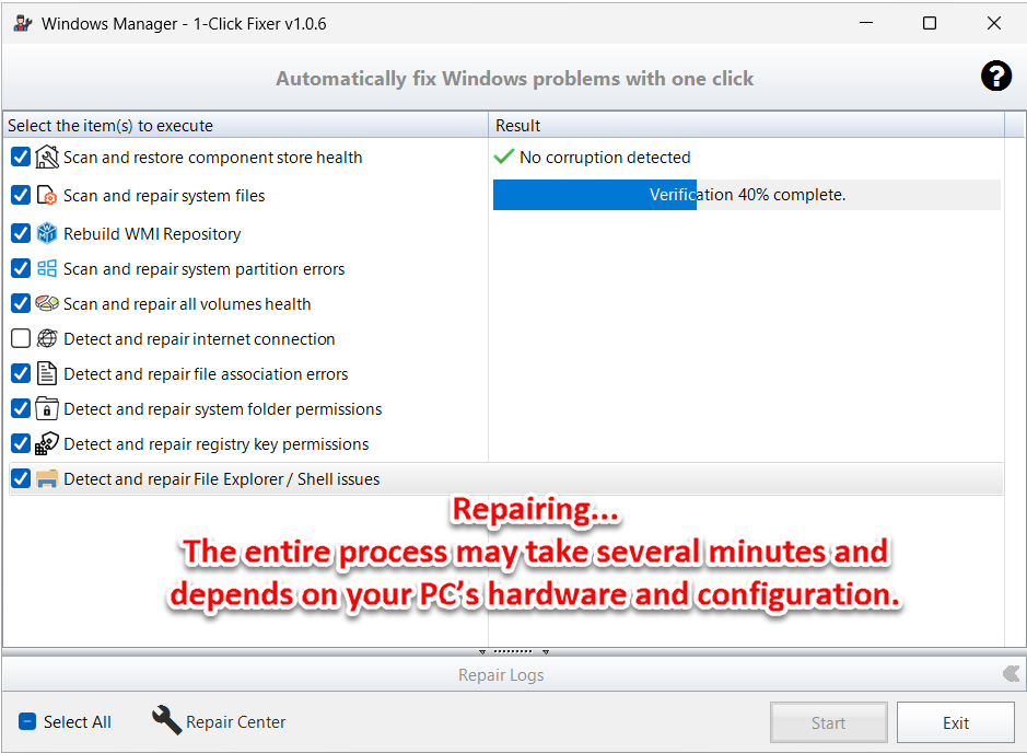 1-Click Fixer läuft: Repairing-Hinweis und SFC-Fortschrittsbalken