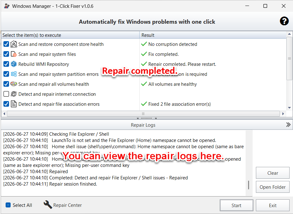 1-Click Fixer abgeschlossen: Result-Spalte und detaillierte Repair Logs