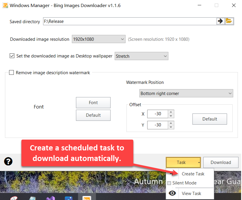 Bing Images Downloader Task-menu: Create Task, Silent Mode, View Task
