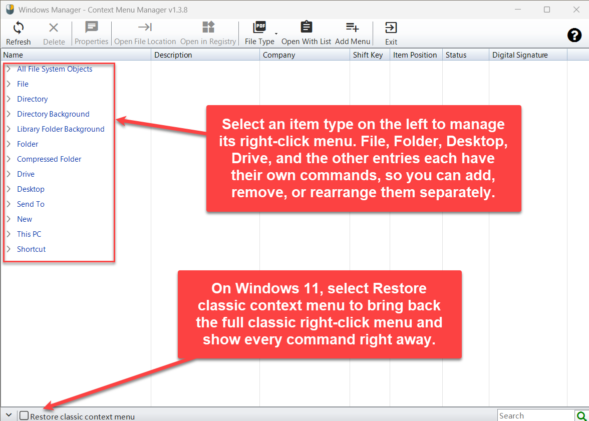 Itemtypen links in Context Menu Manager en het selectievakje Herstel klassiek Context Menu onder Windows 11