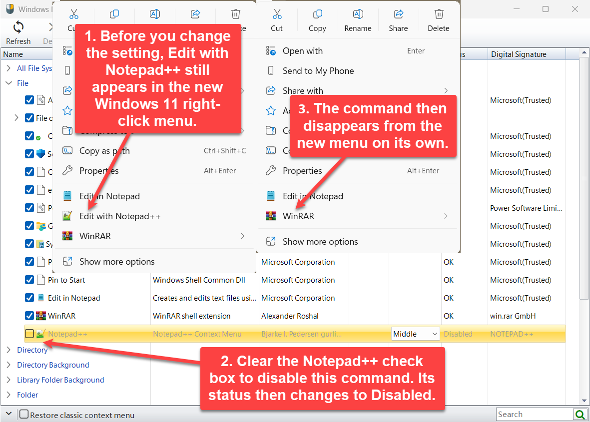 Notepad++ uitgevinkt, verdwenen uit het nieuwe menu van Windows 11, met status Handicap