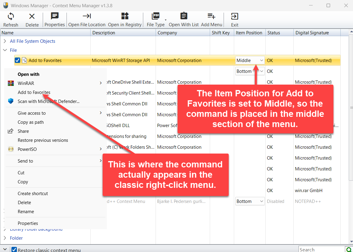 Add to Favorites met Item Positie op Midden in het klassieke snelmenu