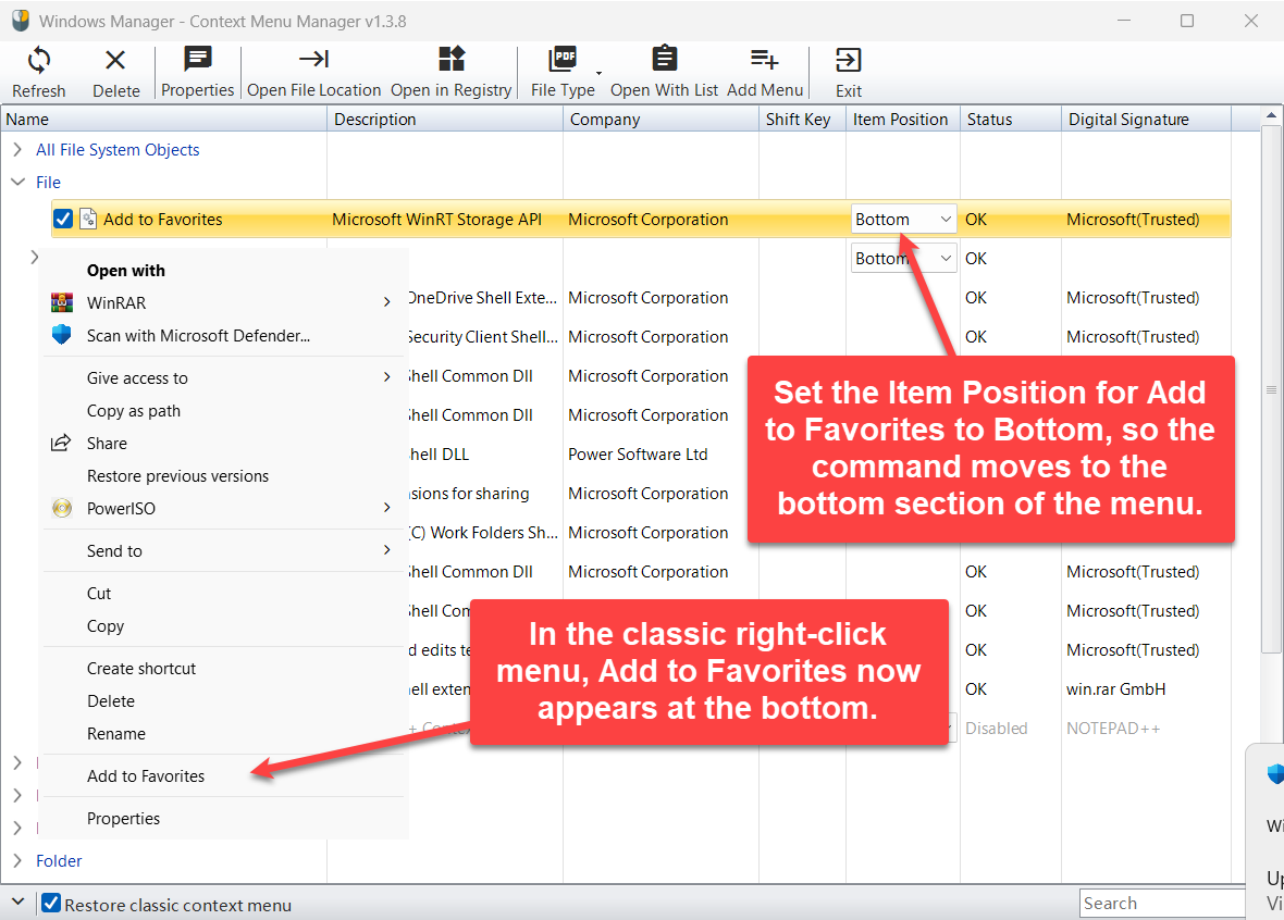 Add to Favorites met Item Positie op Bodem onderaan het klassieke snelmenu