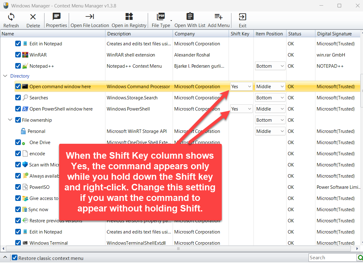 Open command window here en Open PowerShell window here onder Directory, beide met Shift-toets op Ja