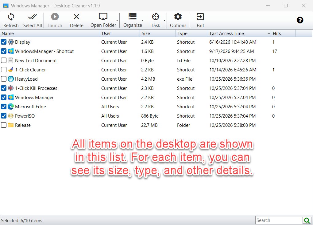 Desktop Cleaner toont alle bureaubladitems met naam, gebruiker, grootte, type, laatste toegang en gebruik