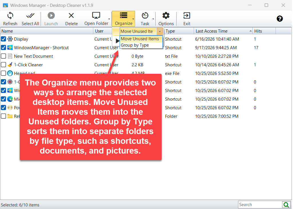 Menu Ordenen in Desktop Cleaner met Move Unused Items en Group by Type