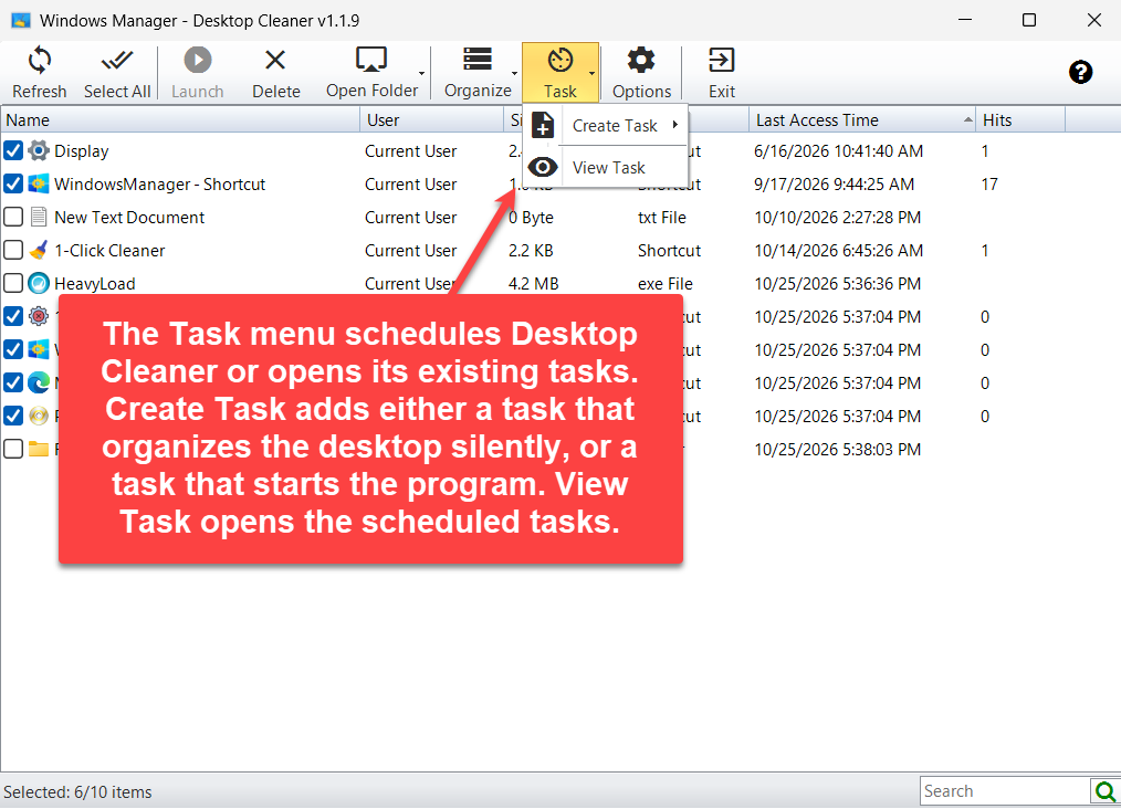 Menu Taak in Desktop Cleaner met Create Task en View Task