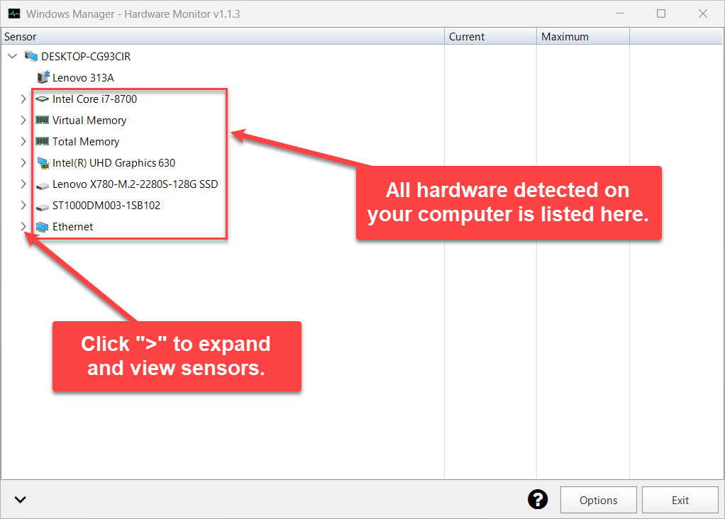 Hoofdvenster van Hardware Monitor in Windows Manager: gedetecteerde CPU, geheugen, videokaart, schijven en netwerkadapter