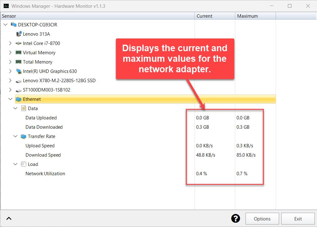 Hardware Monitor netwerkadapter: verzonden/ontvangen gegevens, upload- en downloadsnelheid, netwerkgebruik