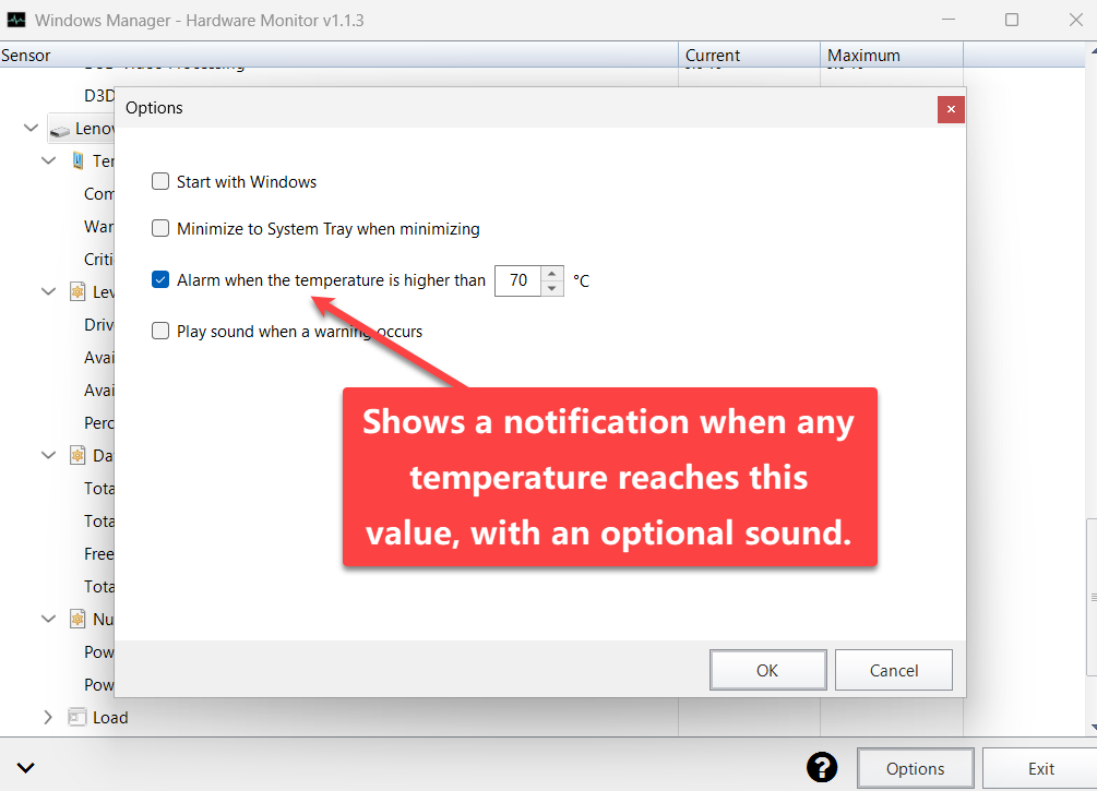 Opties van Hardware Monitor: start met Windows, minimaliseer naar systeemvak, alarmtemperatuur en waarschuwingsgeluid