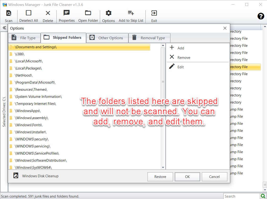 Skipped Folders zeigt Ordner, die nicht gescannt werden