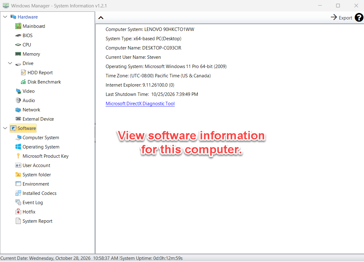系统信息中的软件摘要：电脑型号、Windows 版本、时区和 DirectX 诊断工具链接