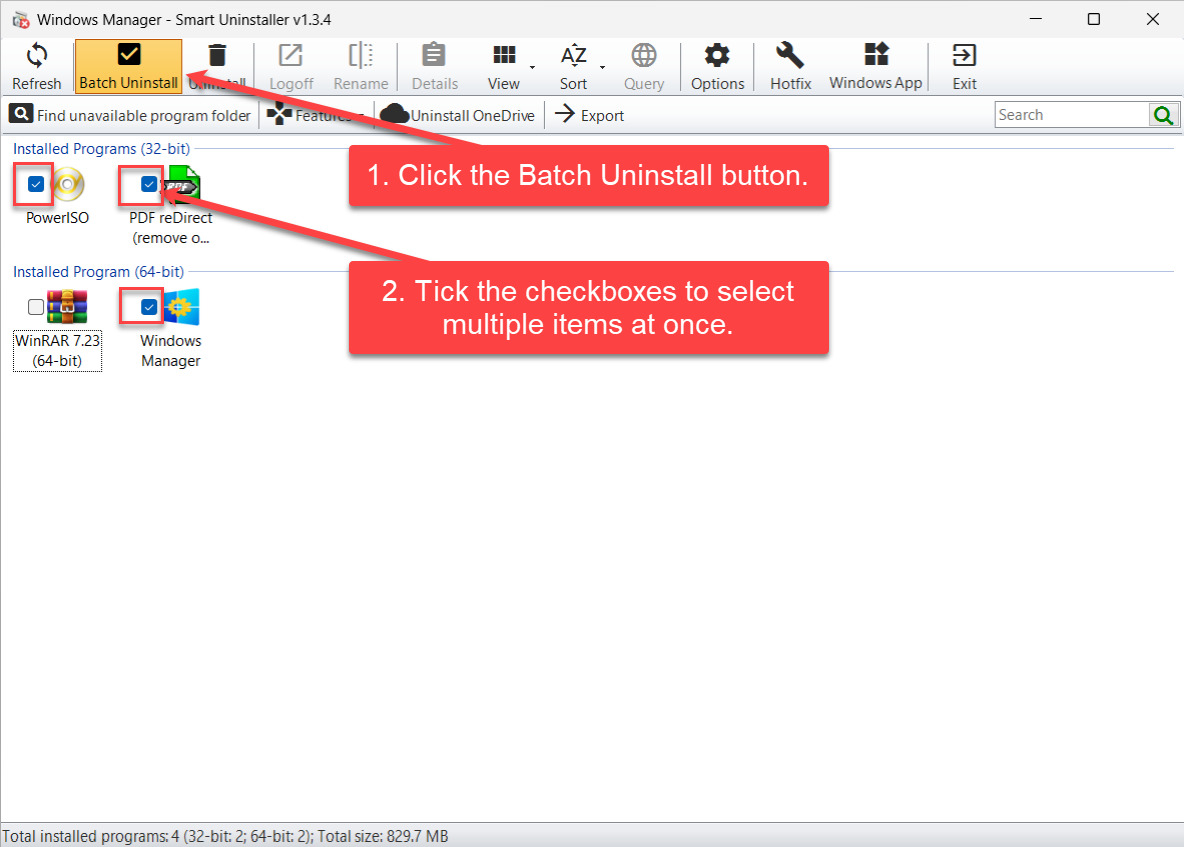 Windows Manager Smart Uninstaller – batch deïnstalleren Smart Uninstaller batch verwijderen: Batch verwijderen inschakelen en meerdere geïnstalleerde programma’s aanvinken