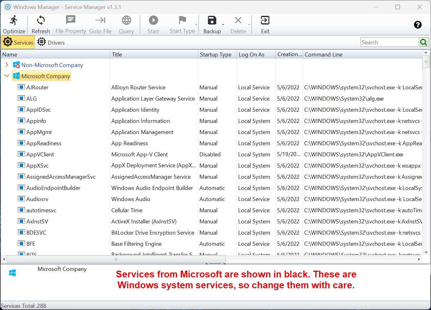 Microsoft-bedrijf: Windows-systeemservices, voorzichtig wijzigen Windows Manager Service Manager, groep Microsoft-bedrijf: ingebouwde Windows-systeemservices in zwart, wijzig ze voorzichtig