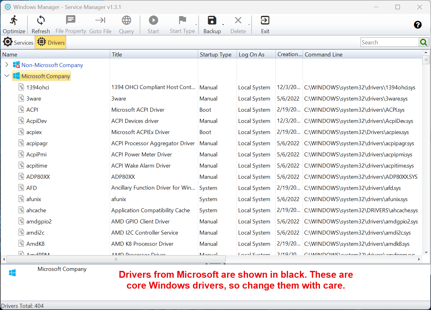 Microsoft-stuurprogramma's: kernstuurprogramma's van Windows, voorzichtig wijzigen Windows Manager Service Manager, stuurprogramma's van Microsoft-bedrijf: kernstuurprogramma's van Windows in zwart, met de opstarttypen Boot, Systeem en Handmatig