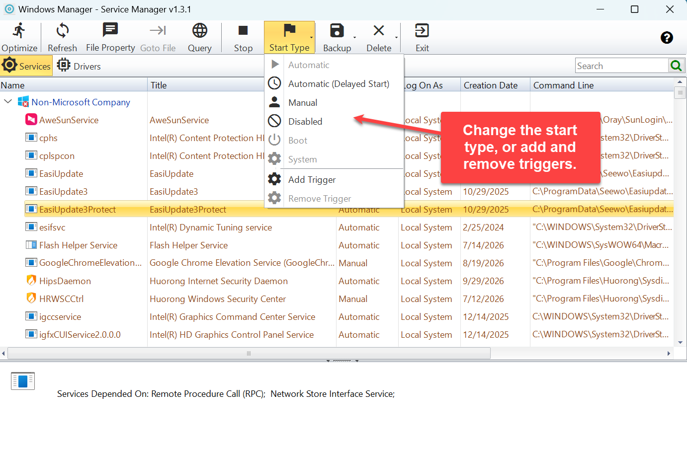 Menu Opstarttype: opstarttype wijzigen, triggers toevoegen of verwijderen Windows Manager Service Manager, menu Opstarttype: Automatisch, Vertraagd starten, Handmatig, Uitgeschakeld, Boot, Systeem, plus Trigger toevoegen en Trigger verwijderen