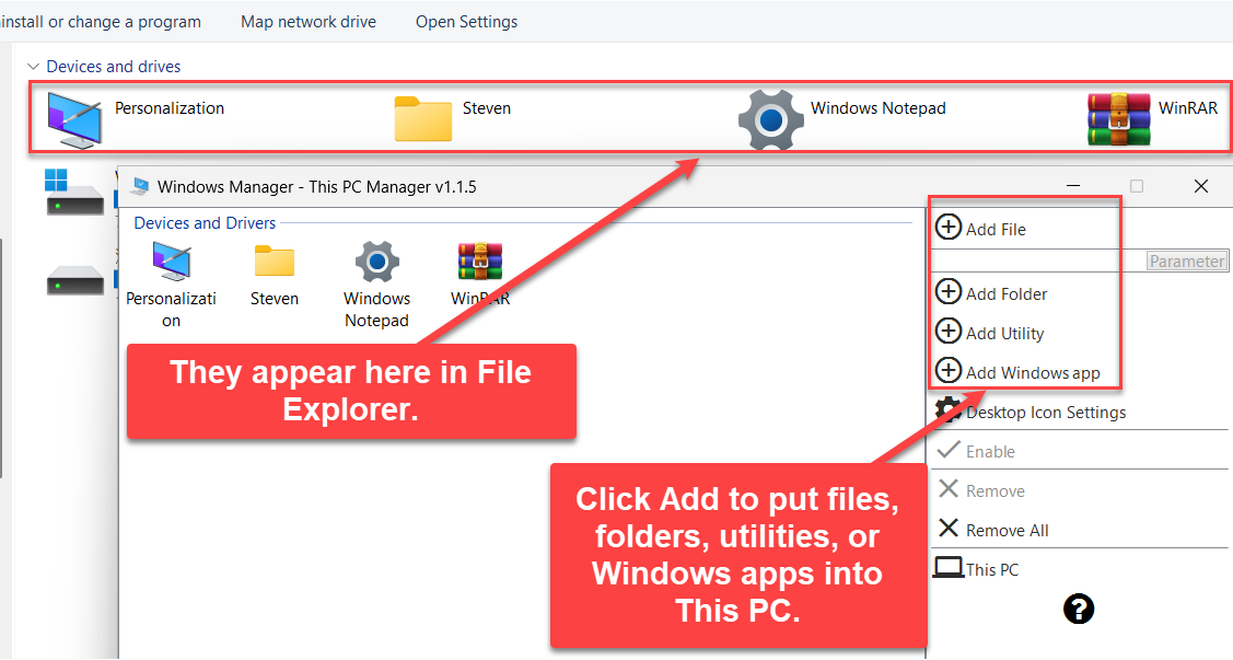 Windows Manager Deze PC-manager: na toevoegen van een bestand, map, hulpprogramma of Windows-app verschijnt het item in de Deze PC-weergave van Verkenner