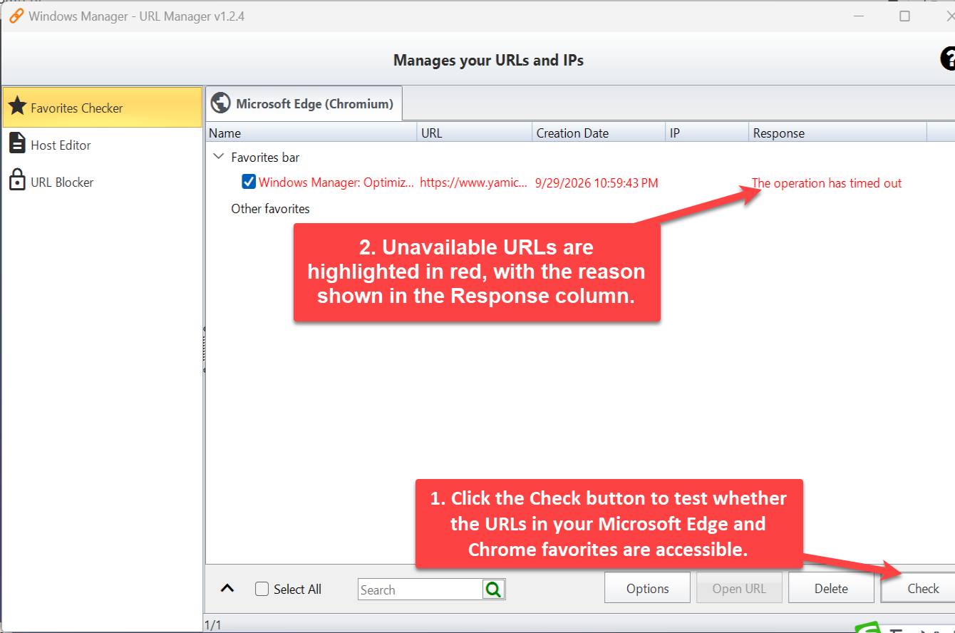 Favorieten controle: dode links rood gemarkeerd met de reden Windows Manager URL Manager, Favorieten controle: na een klik op Controleer worden onbereikbare Edge-favorieten rood gemarkeerd en toont de kolom Server respons de time-out