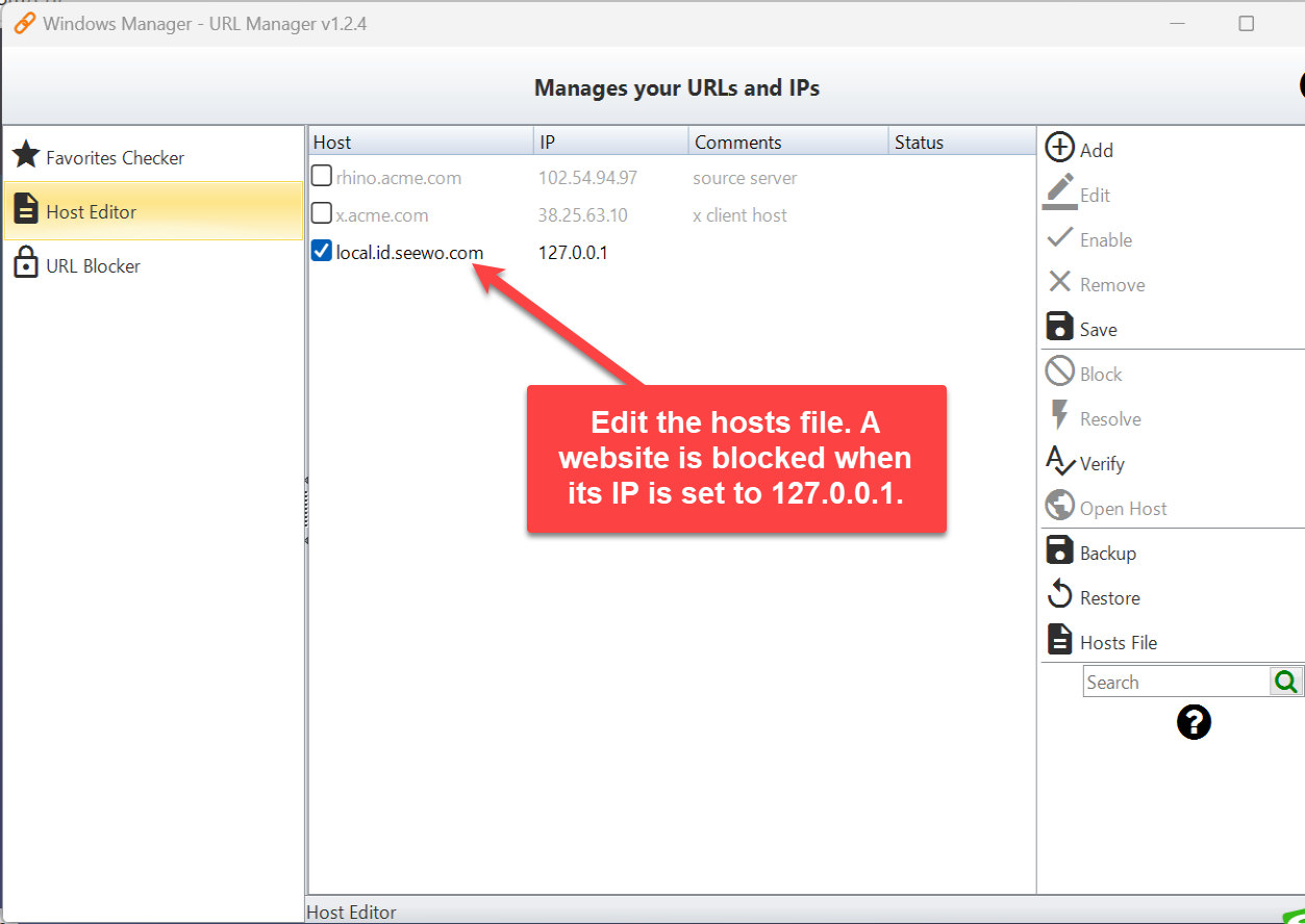 Host Editor: websites met IP 127.0.0.1 zijn geblokkeerd Windows Manager URL Manager, Host Editor: het Hosts-bestand als tabel bewerken – zet het IP-adres van een website op 127.0.0.1 om die te blokkeren