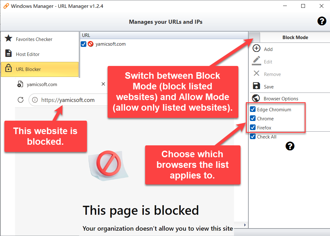 URL Blokkering: Blokkeer Modus, Toegestane Mode en Browser Opties Windows Manager URL Manager, URL Blokkering: wisselen tussen Blokkeer Modus en Toegestane Mode, Edge, Chrome en Firefox kiezen – geblokkeerde websites openen niet in de browser