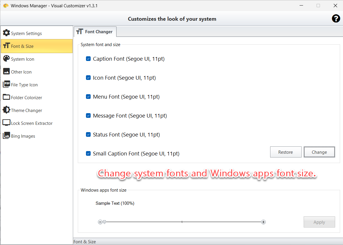Visuele Aanpasser lettertype en grootte: systeemlettertypen en Windows apps lettertype grootte wijzigen