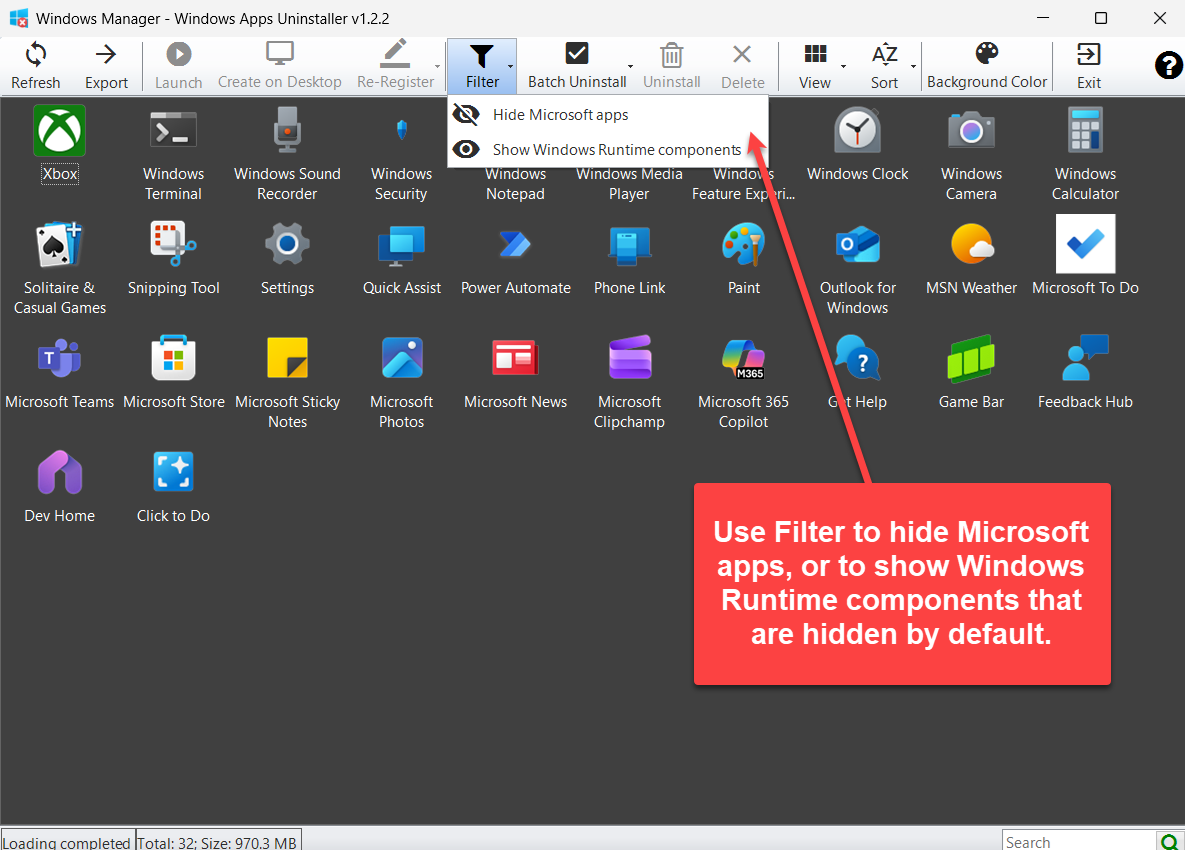 Filtermenü: Microsoft-Apps ausblenden und Windows-Runtime-Komponenten anzeigen