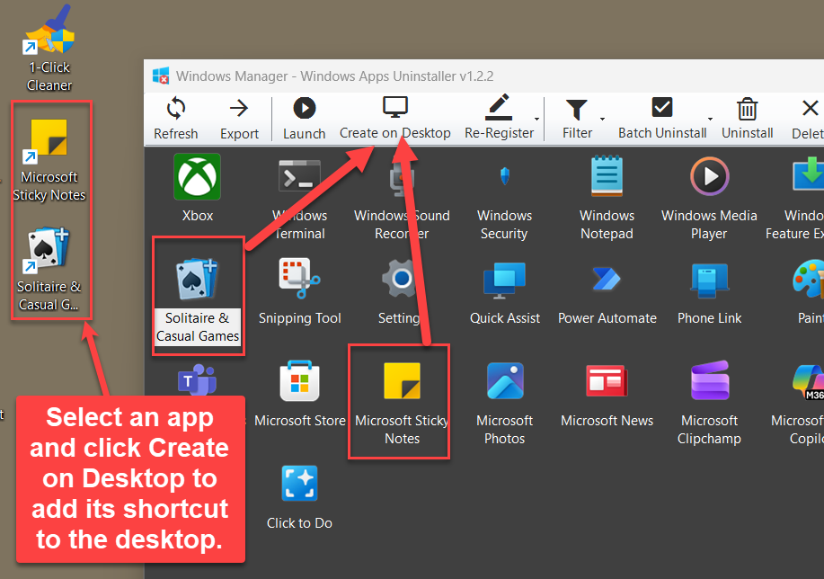 Notizen und Solitaire in der Liste, dazu die erstellten Desktopverknüpfungen mit denselben Symbolen