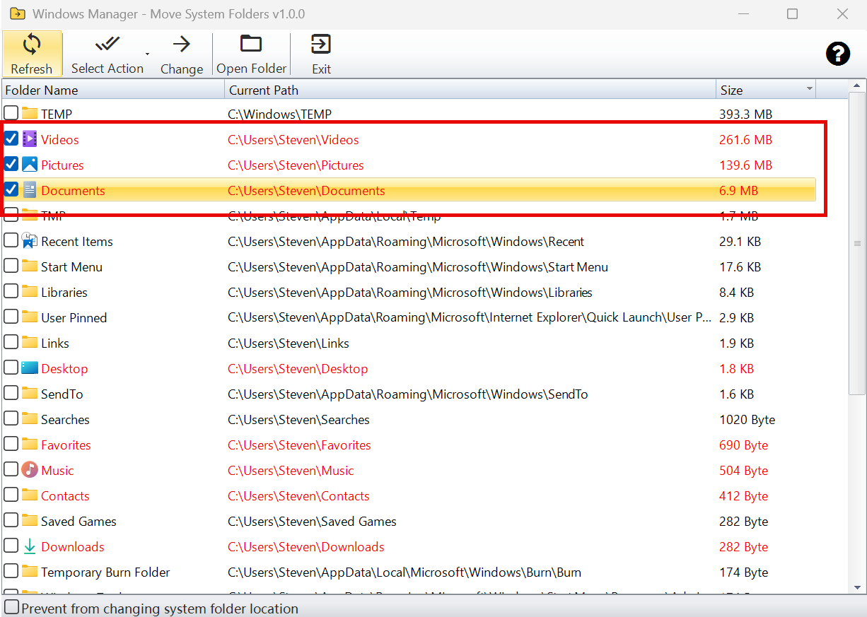 Fenêtre principale Move System Folders : cliquer sur Size pour trier par espace disque