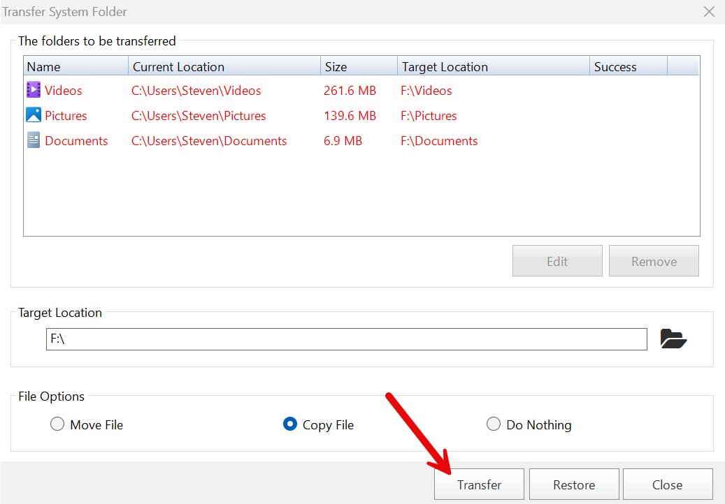 Dialogue Transfer System Folder : liste, emplacement cible et options Move, Copy, Do Nothing