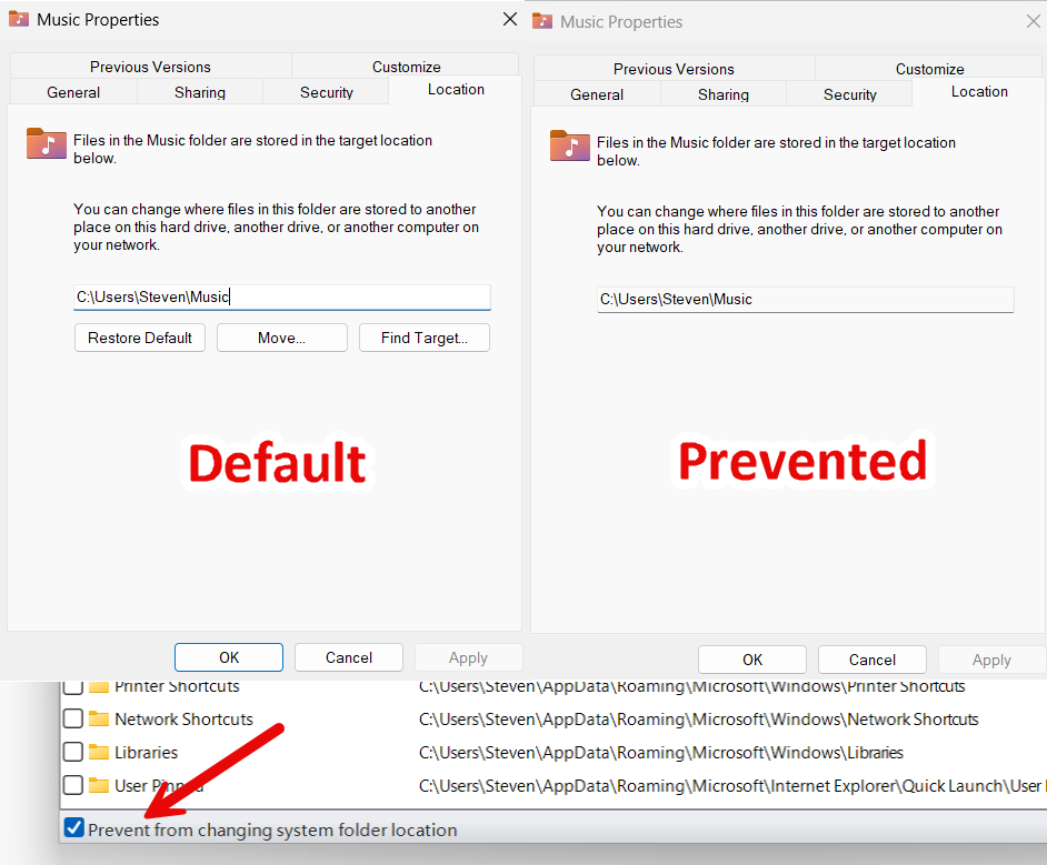Avec Prevent from changing system folder location : l’onglet Emplacement des propriétés ne permet plus de déplacer les dossiers